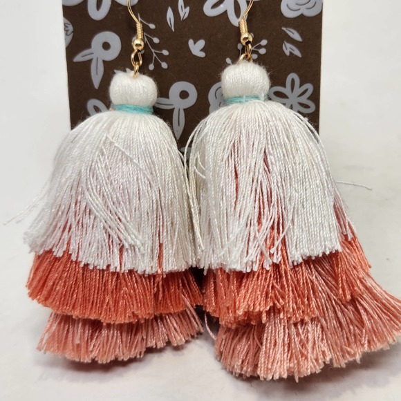 Matilda Jane Three Tier Tassel Drop Dangle Earrings Cream Pink Coral Statement - Picture 2 of 3